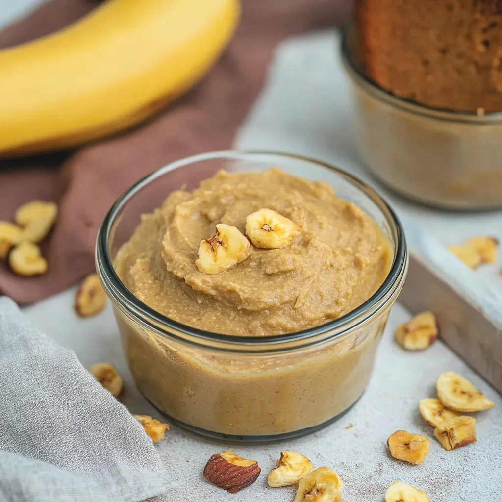 Ein Glas mit Nussbutter und Bananen.