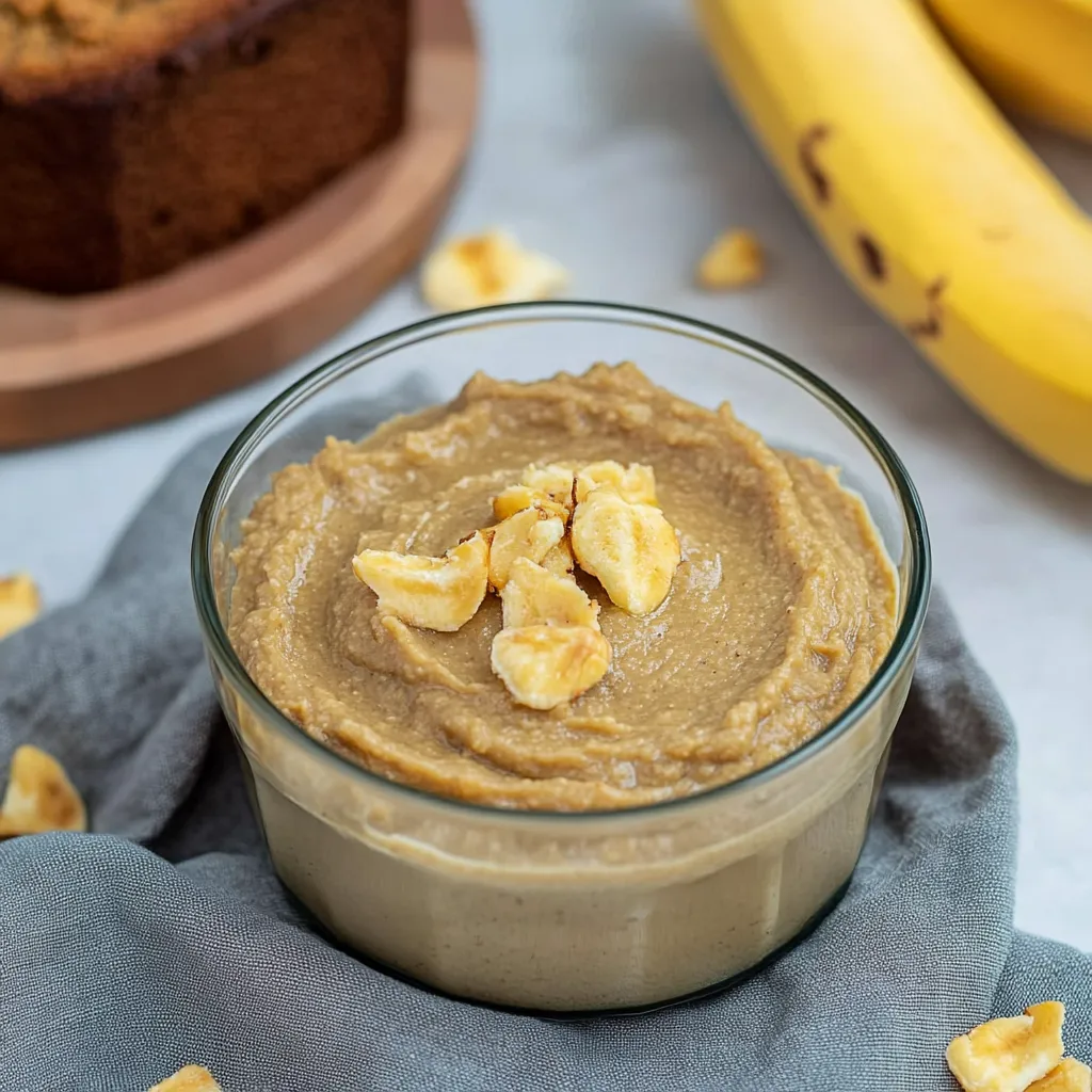 Ein Glas mit Nudelsuppe, die mit Bananenstreifen garniert ist.