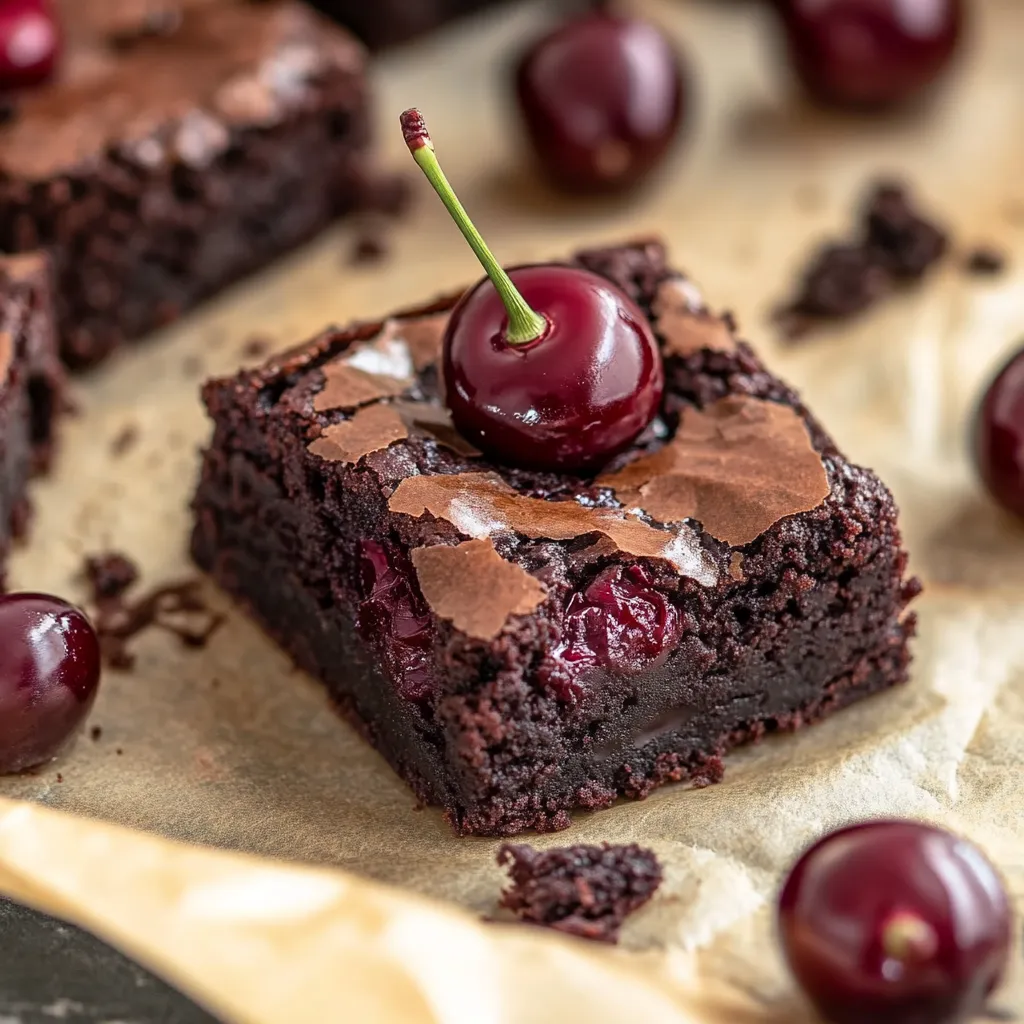 Eine Schokoladenküche mit Cherry-Topping auf einem Papier.