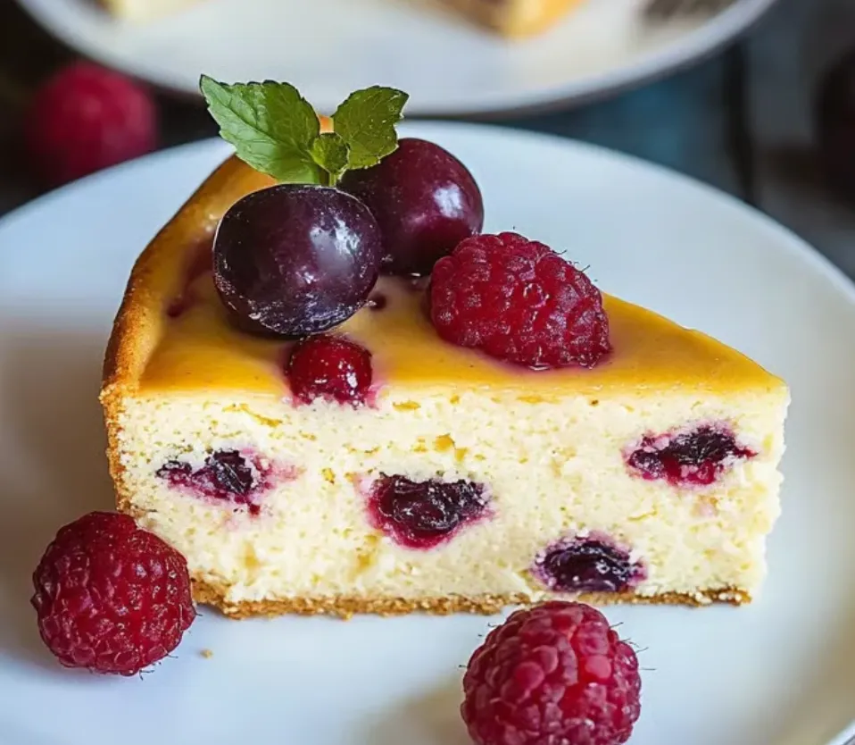 Ein Stück Käse mit Raspberry-Beeren auf einem weißen Teller.