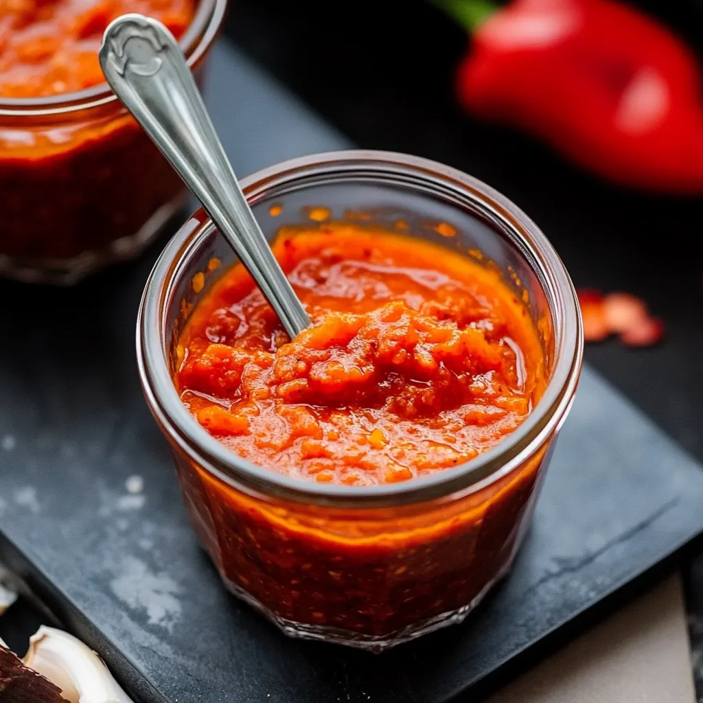 Ein Glas mit einer Sauce, die aus Tomaten und Paprika hergestellt wurde.