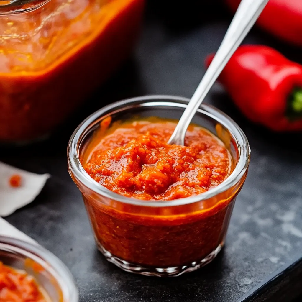 Ein Glas mit einer Sauce, die aus einer Ketchup-ähnlichen Substanz und einer Zwiebel besteht.