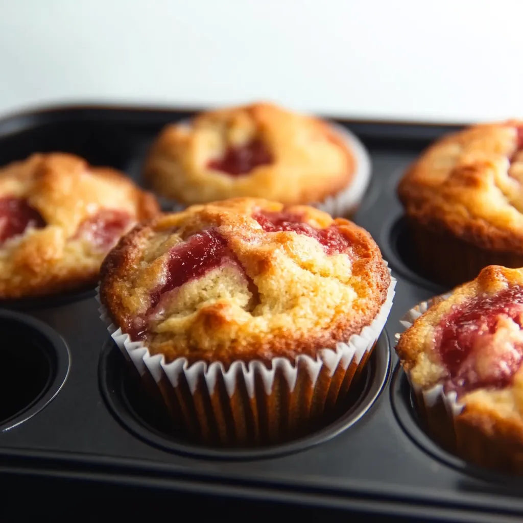 Ein Tray mit 6 Muffins, die mit Strawberry-Füllung und Keks-Teig zubereitet sind.