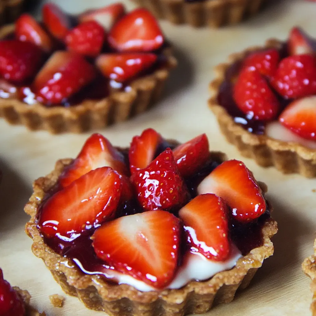 Eine Tasse mit Strawberry-Tarte mit Strawberries und einer Schicht aus Sahne und Zucker.