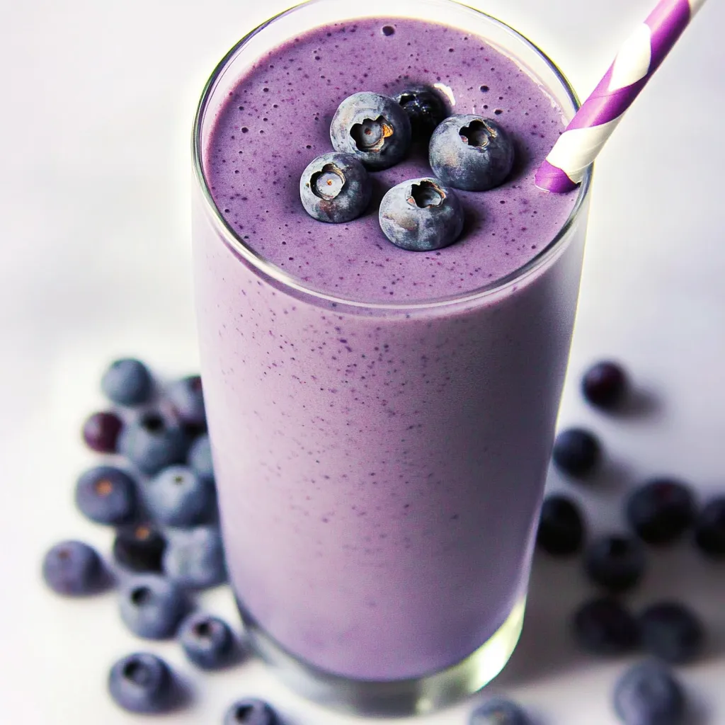 Ein Glas mit Blaubeeren-Smoothie, der in einem Glas mit einem Strohhalm gefüllt ist.