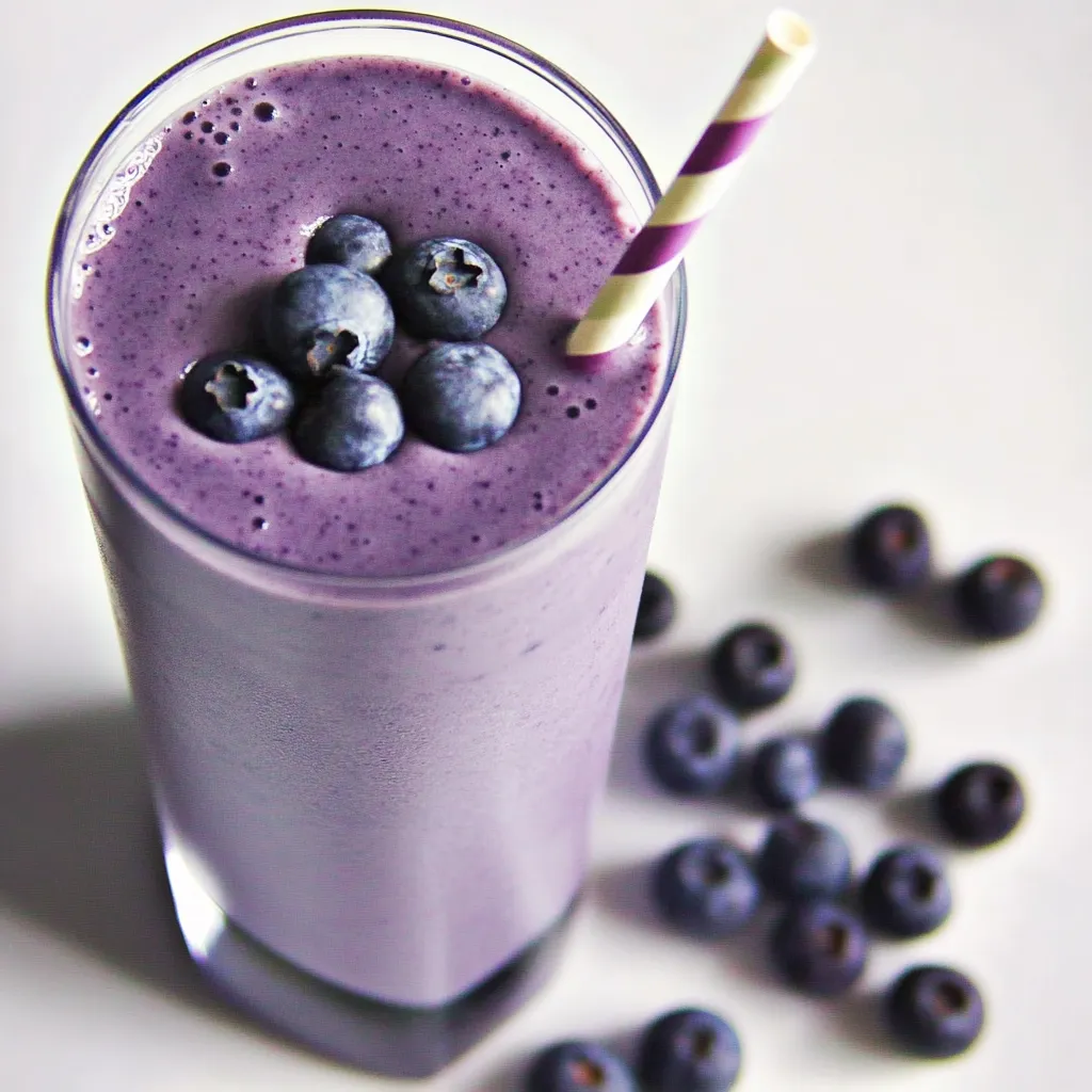 Ein Glas mit Blaubeeren-Smoothie, der mit einem Strohhalm gedeckt ist.