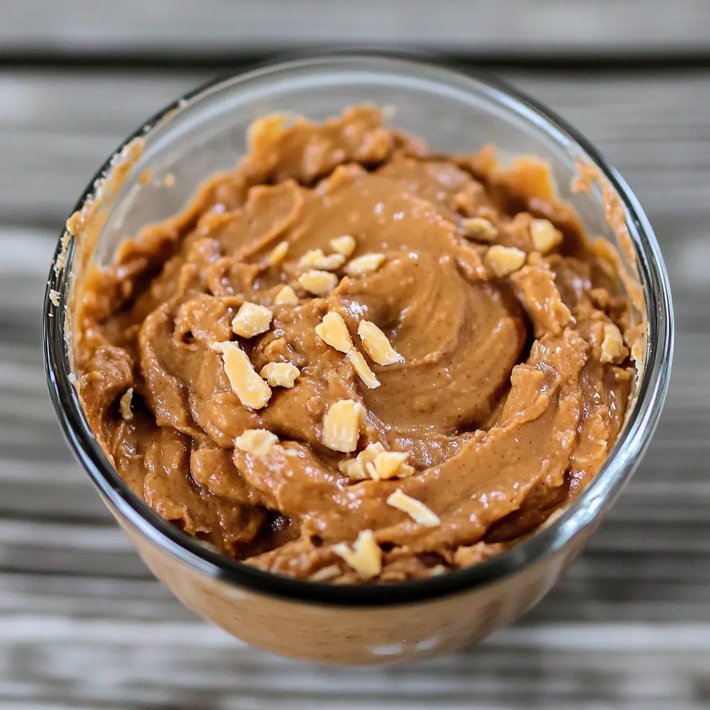 Ein Glas mit Nussbutter und Nüssen auf einem Tisch.