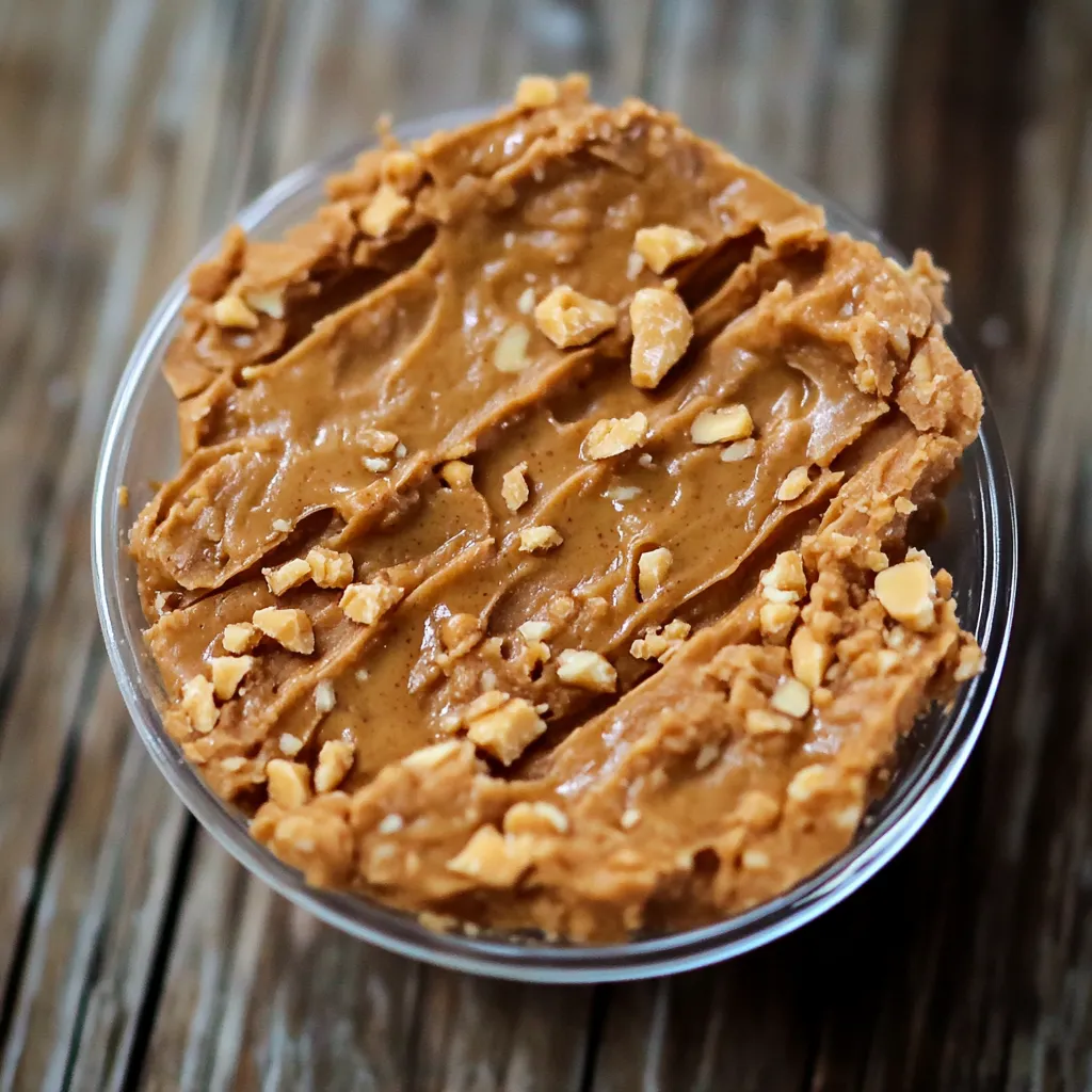 Ein Glas mit Nussbutter auf einer Holzplatte.