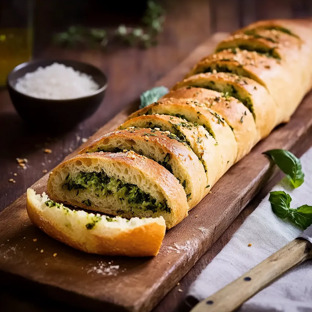Ein Baguette mit Zwiebeln und Spinat auf einem Holzbrett.