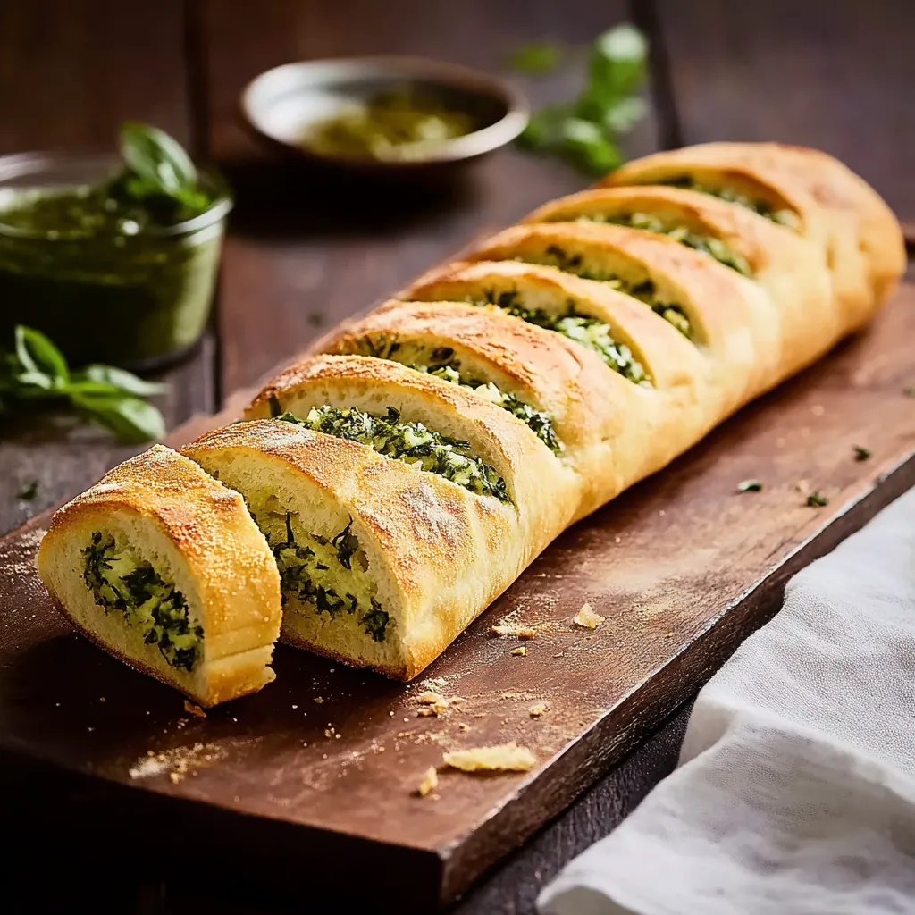 Eine lange, grüne Baguette mit einer Schicht aus Spinat und Käse auf einer Holzplatte.