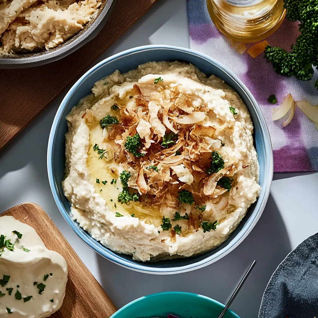 Ein Teller mit einer cremigen Mischung, die aus Hummus, Brokkoli und anderen Zutaten besteht.