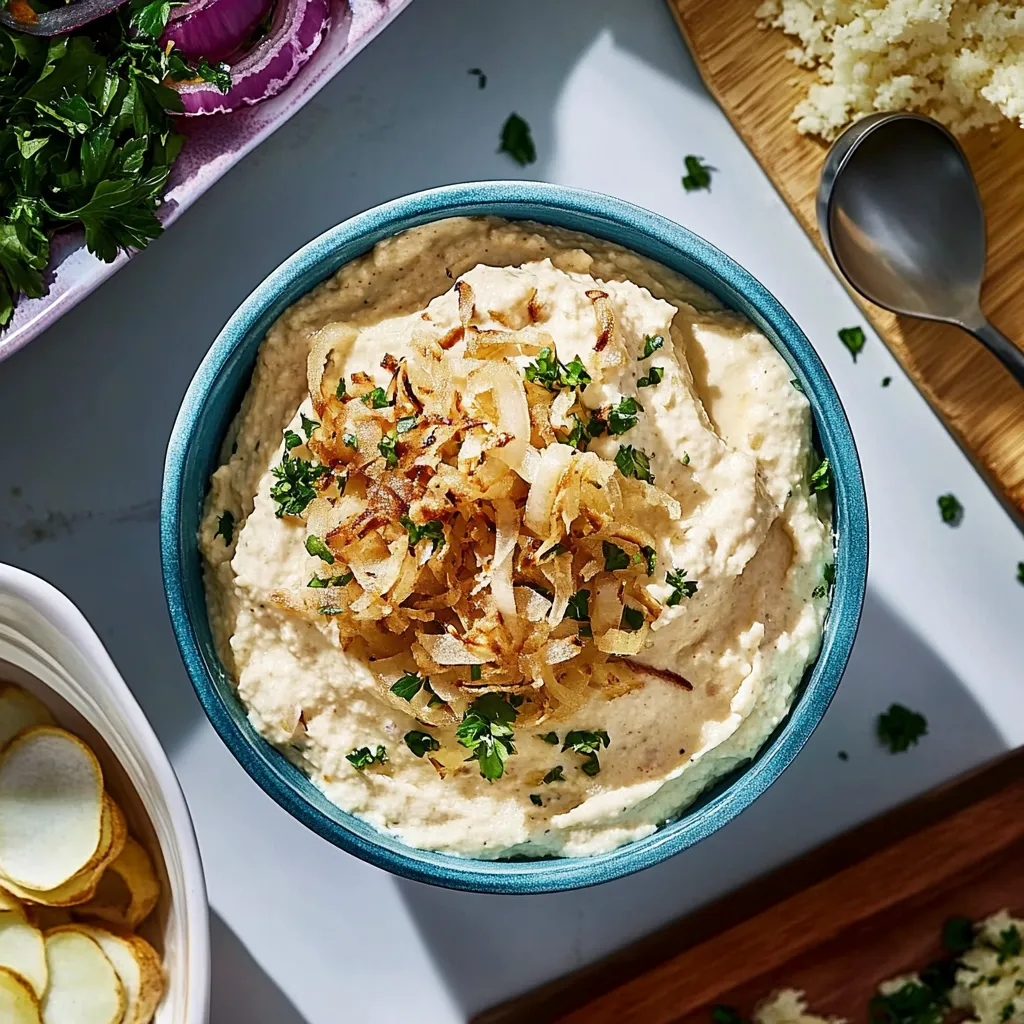 Ein Schüssel mit einer cremigen Substanz, die mit Zwiebeln und Knoblauch garniert ist.