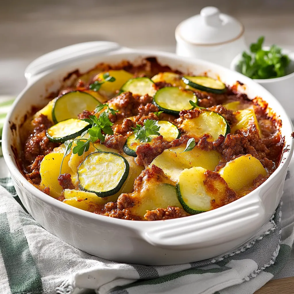 Ein weißer Topf mit einer Zwiebel und einer Kartoffel in einer Mischung aus Fleisch und Zwiebeln.
