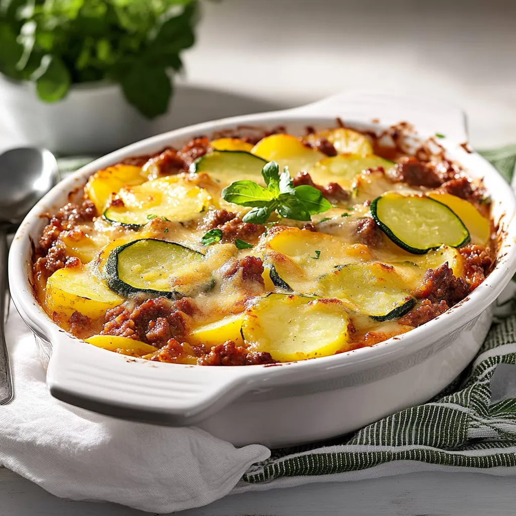 Ein weißer Teller mit einer Mischung aus Zwiebeln, Kartoffeln und Zucchini.