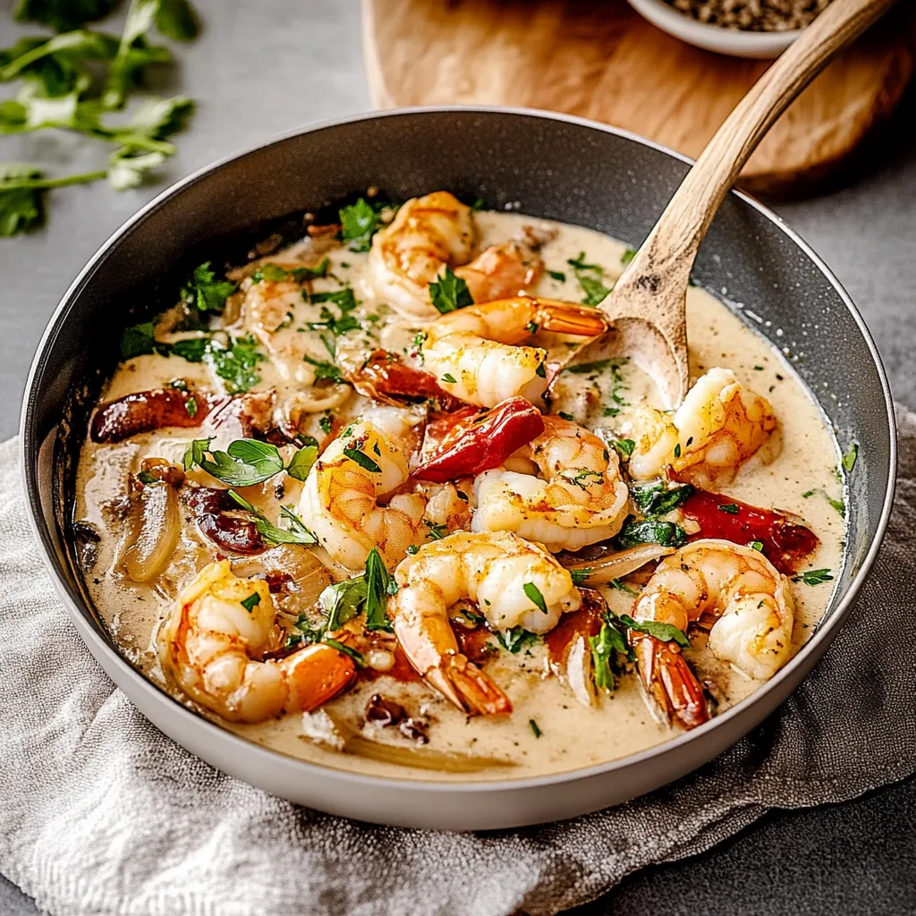 Ein Schmelztopf mit Shrimp, Zwiebeln und Parsley.