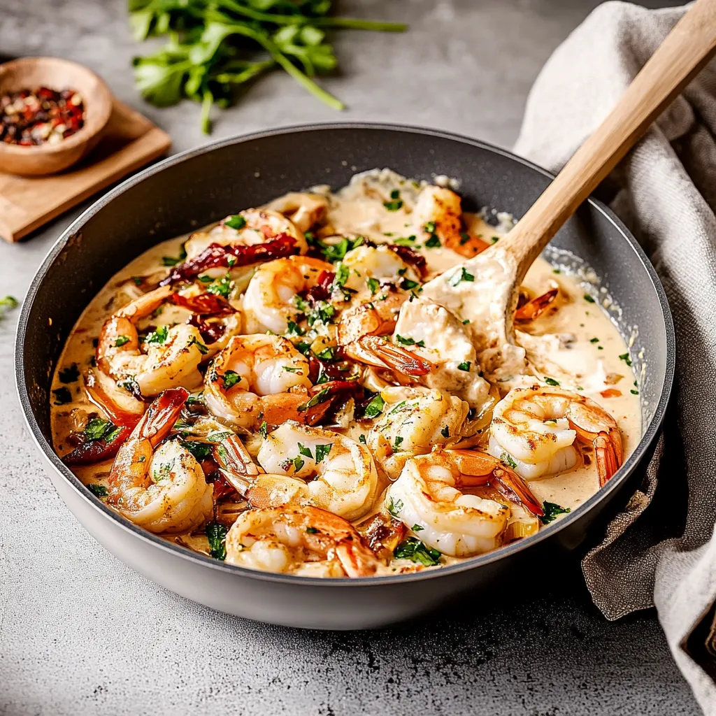 Ein Schalen mit Shrimp und Zwiebeln.