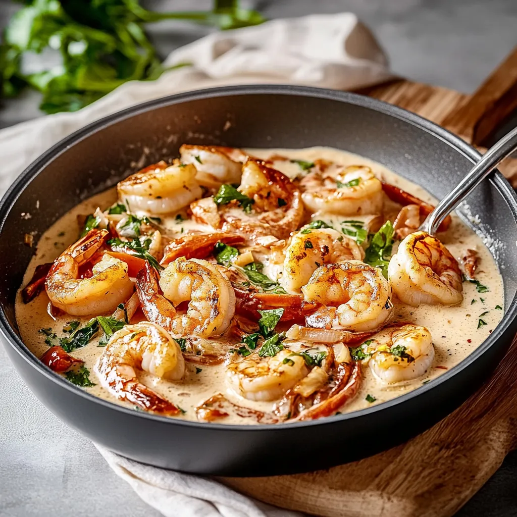 Ein Schmelztopf mit Shrimp und Zwiebeln.