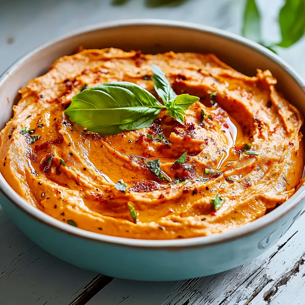 Ein Schälchen mit roter Sauce und Blattpflanzen darin.