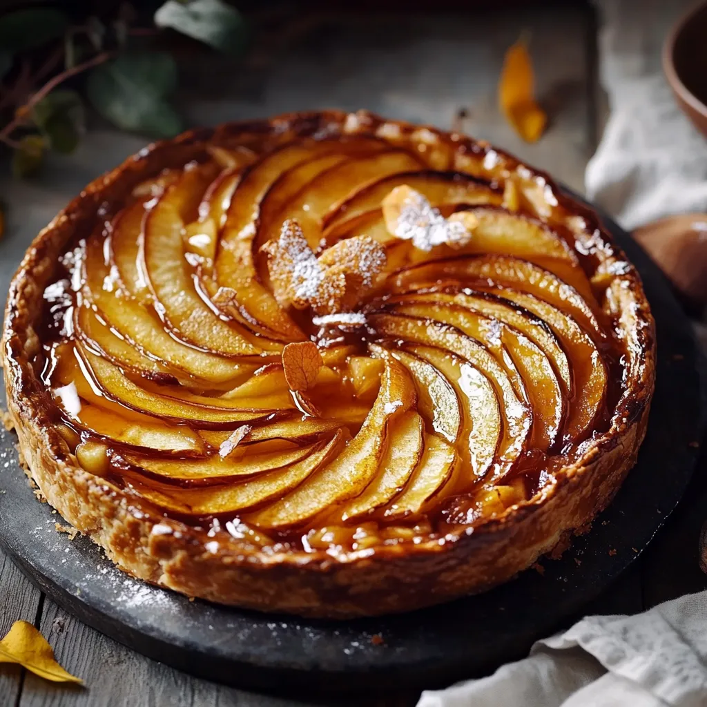 Ein Apfelkuchen mit einer Kugel aus Apfelessig und Zucker darauf.