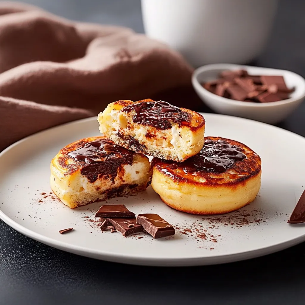 Ein weißer Teller mit zwei Desserts, die mit Schokoladenglasur und Schokoladensplittern garniert sind.