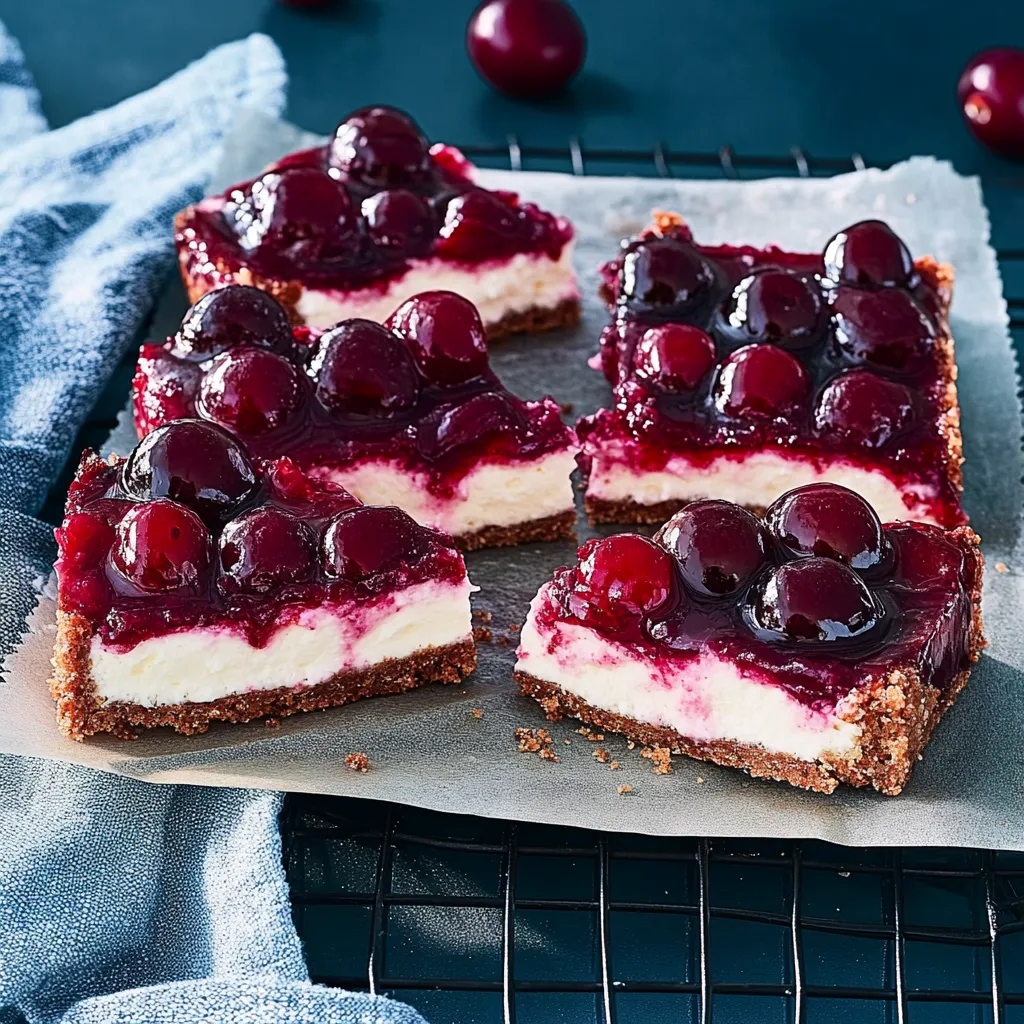 Eine Platte mit vier Stücken von Cherry Cheesecake auf einem Metallnetz.