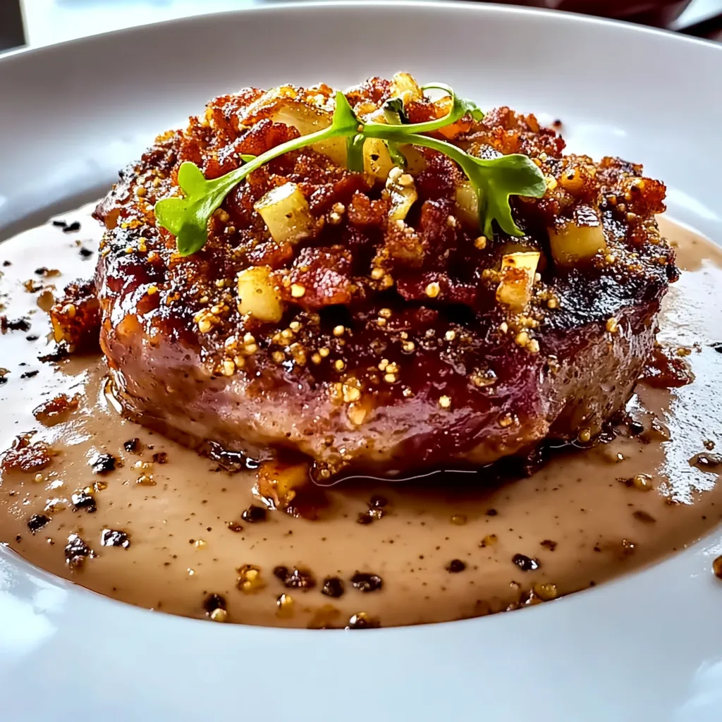 Ein steak mit saurem Sauce auf einem weißen Teller.