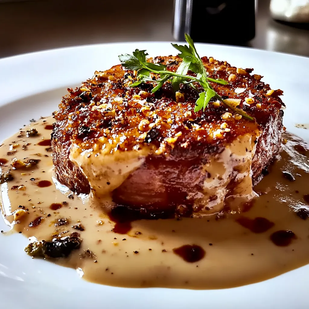 Ein gegrilltes Steak mit Sauce auf einem weißen Teller.