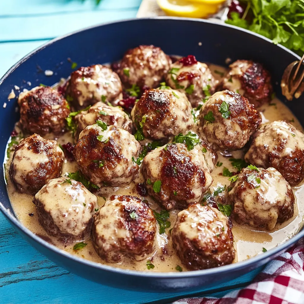 Ein Schalen mit köstlichen, saftigen Fleischballen, die in einer Sauce mit Zwiebeln und Knoblauch serviert werden.