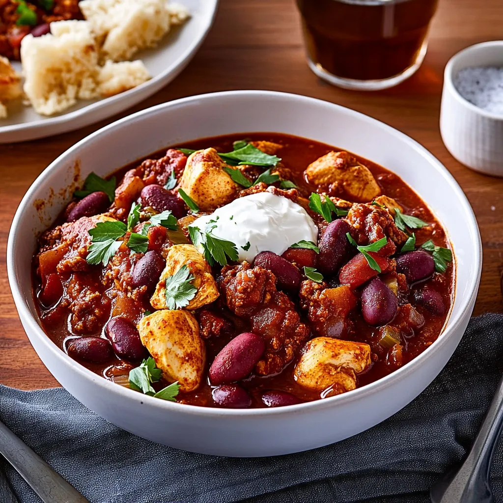 Ein weißes Chili mit grünen Zutaten in einem weißen Behälter.