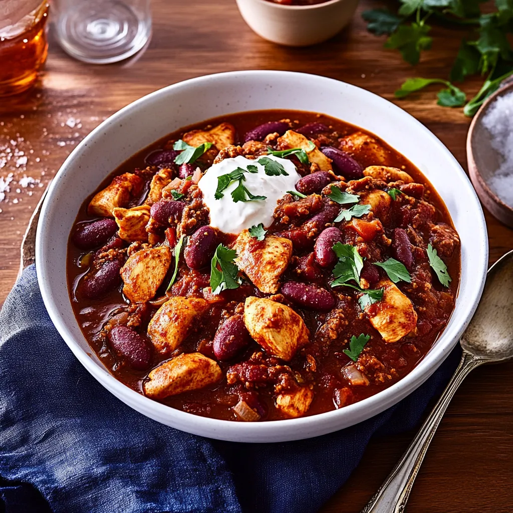 Ein weißer Teller mit einer Mischung aus Chili, Beans und Chicken.