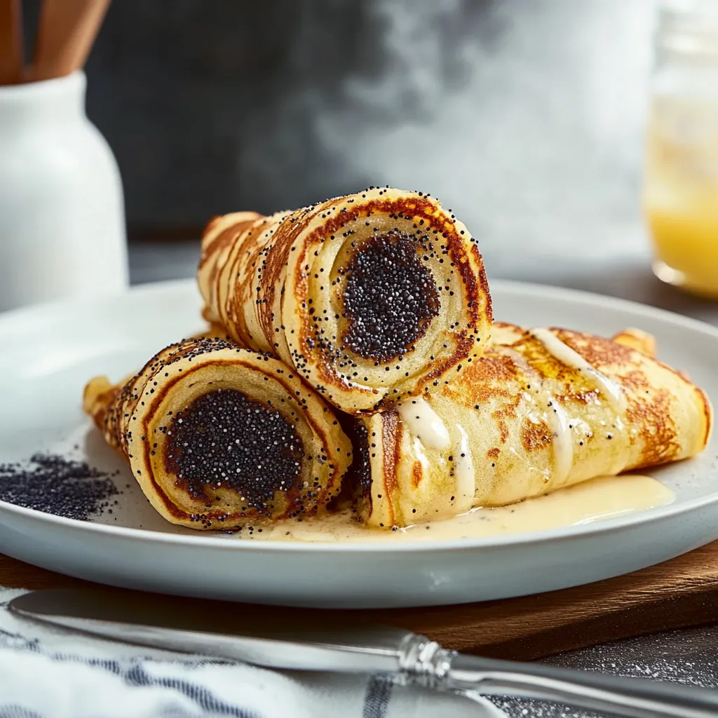 Ein weißer Teller mit zwei aufgerollten Pancakes, die mit Nüssen und Zucker bestreut sind.