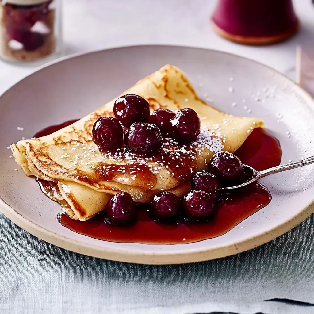 Ein Plate mit Pancakes, die mit Cherry-Sauce und Zucker garniert sind.