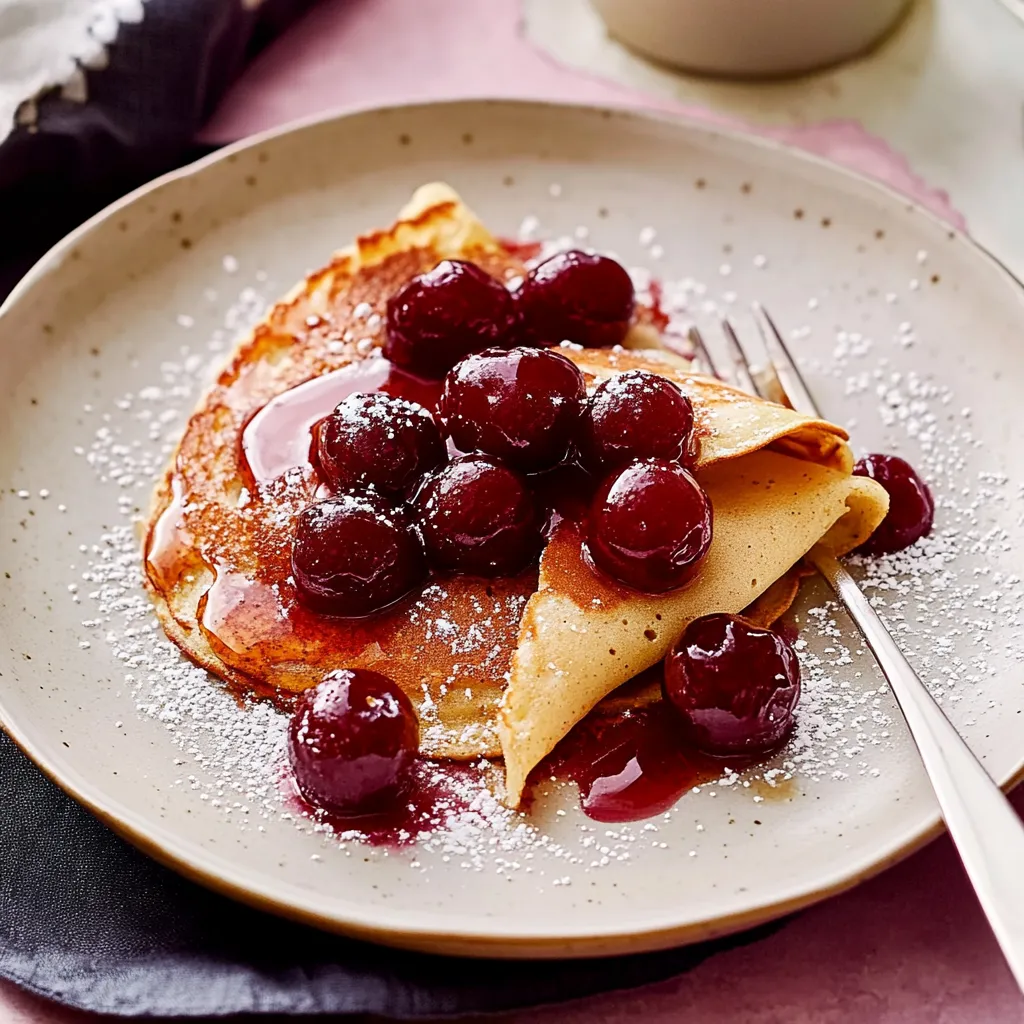 Ein Plate mit einem Pancakes mit Cherries und Sauce darauf.