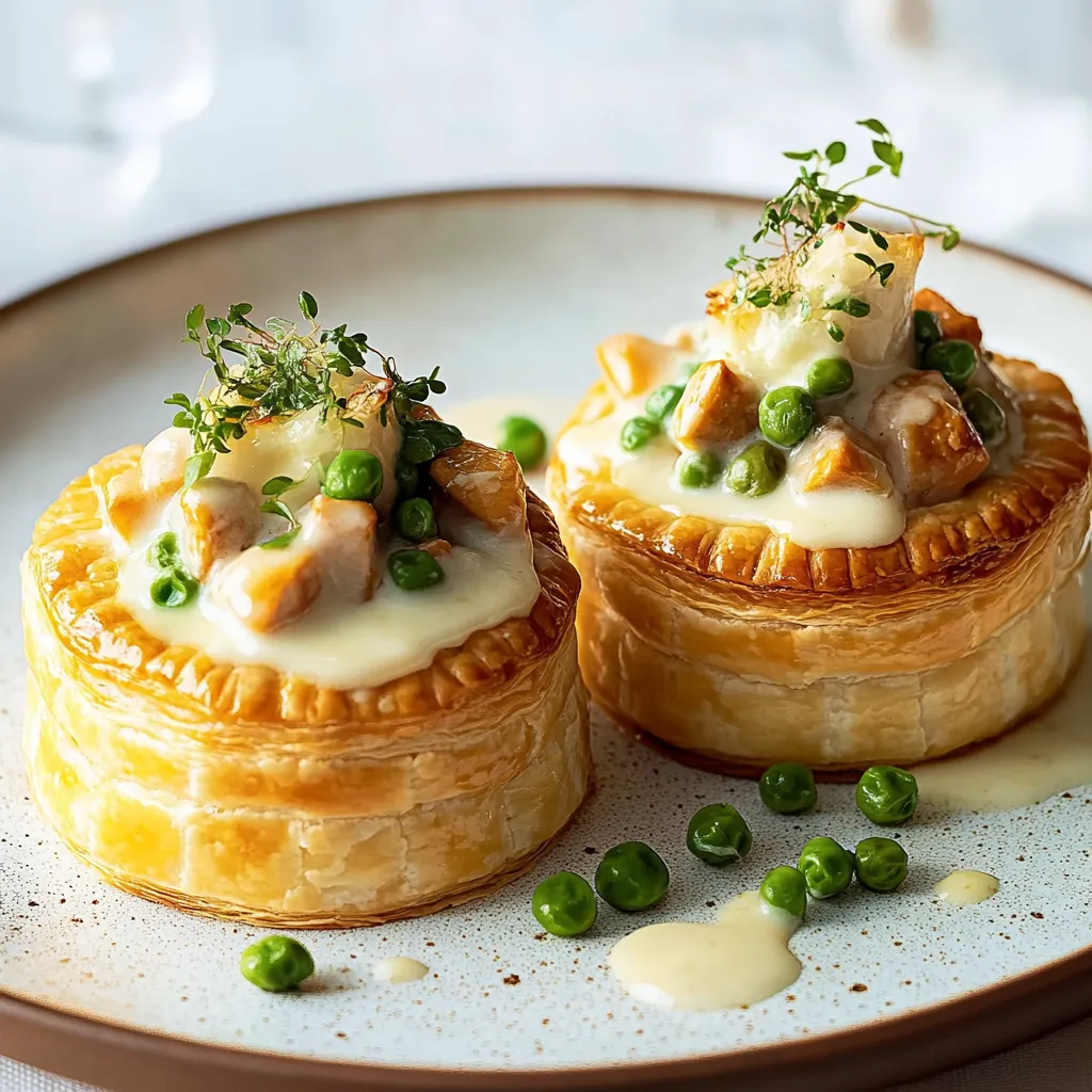 Ein Plate mit zwei quadratischen Pasteten, die mit Peas und Sauce garniert sind.