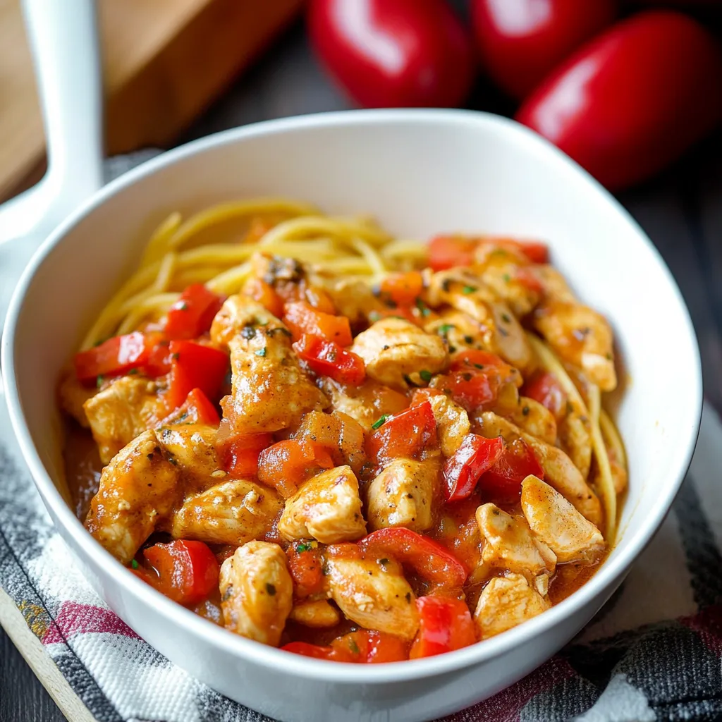 Ein weißer Teller mit einer Mischung aus Pasta, Tomaten, Paprika und Zwiebeln.
