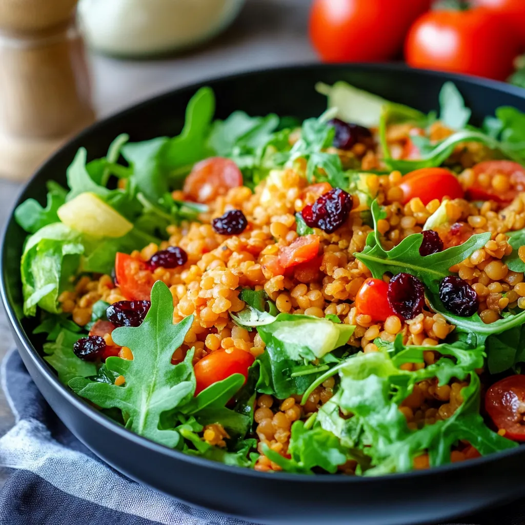 Ein schönes Salat mit grünen Blattsalaten, Tomaten, Zwiebeln und einer Mischung aus Reis und Quinoa.