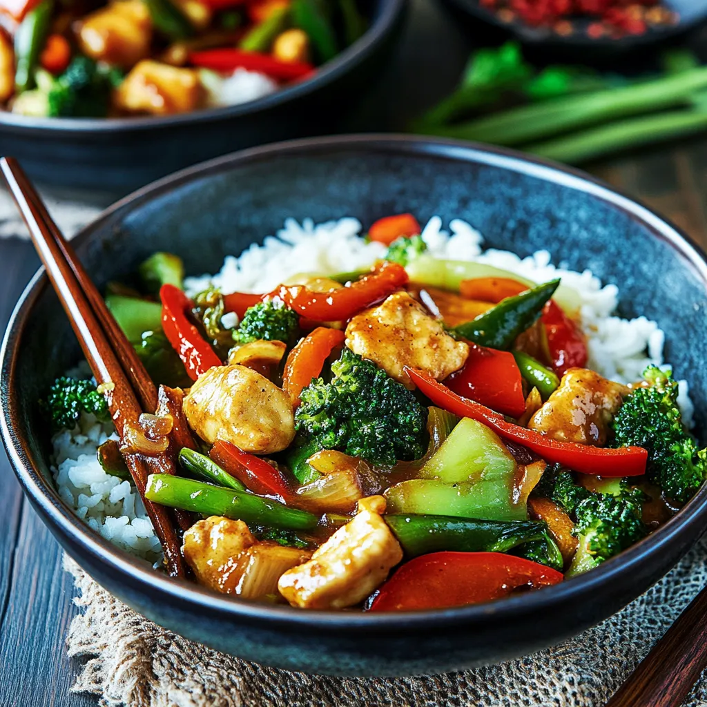 Ein Schalen mit chinesischem Essen, bestehend aus Reis, Kartoffeln, Broccoli und Karotten.