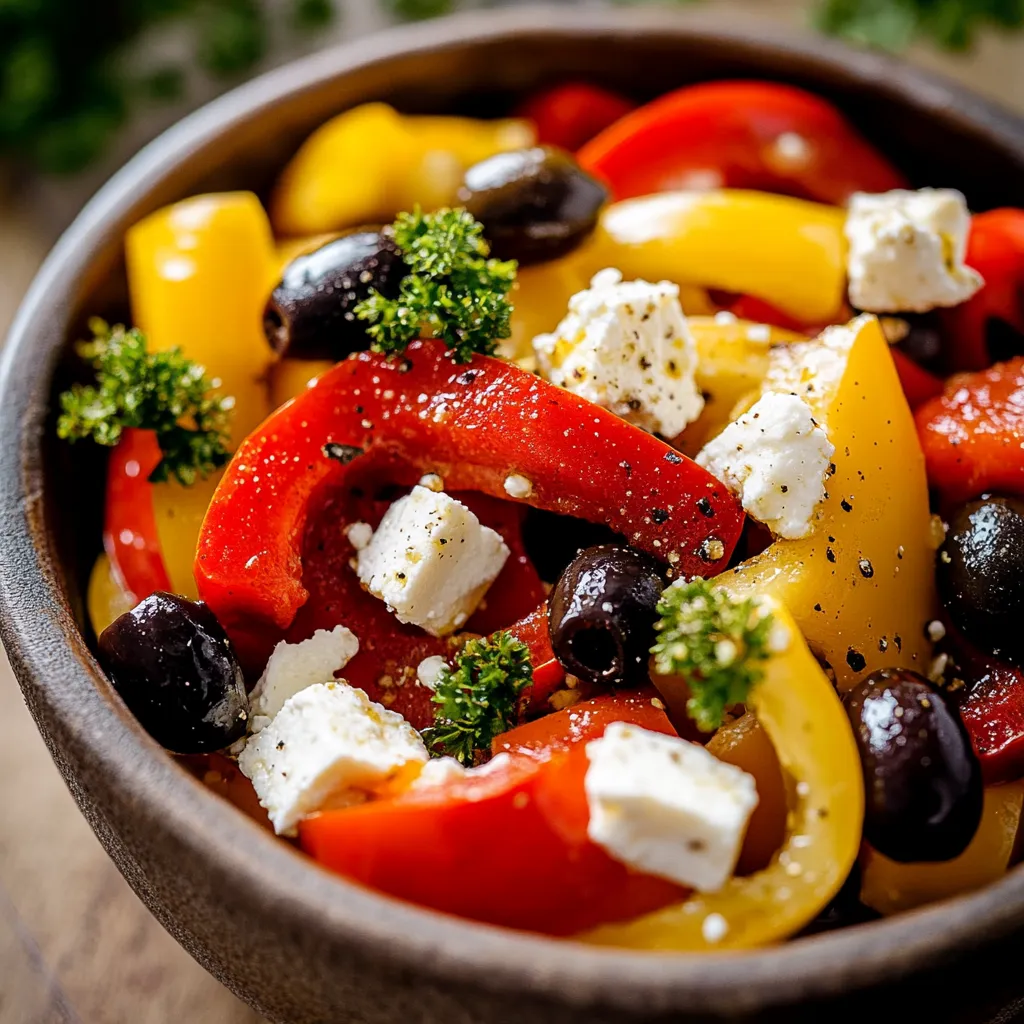 Ein großer Topf mit einer Mischung aus Gemüse, darunter Tomaten, Paprika, Zwiebeln und Oliven.