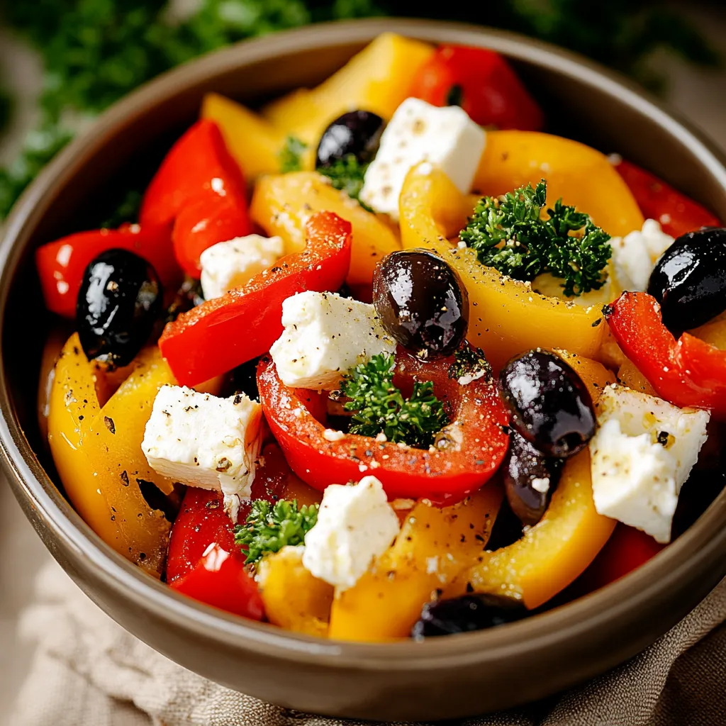 Ein Glas mit einer Mischung aus Tomaten, Zwiebeln, Oliven und Feta-Käse.