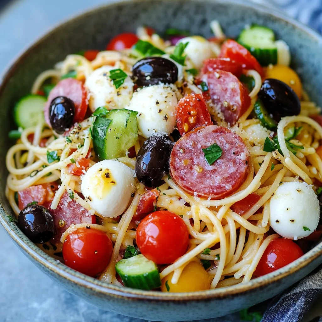 Ein Schüssel mit Pasta, Tomaten, Zucchini, Oliven und Salami.