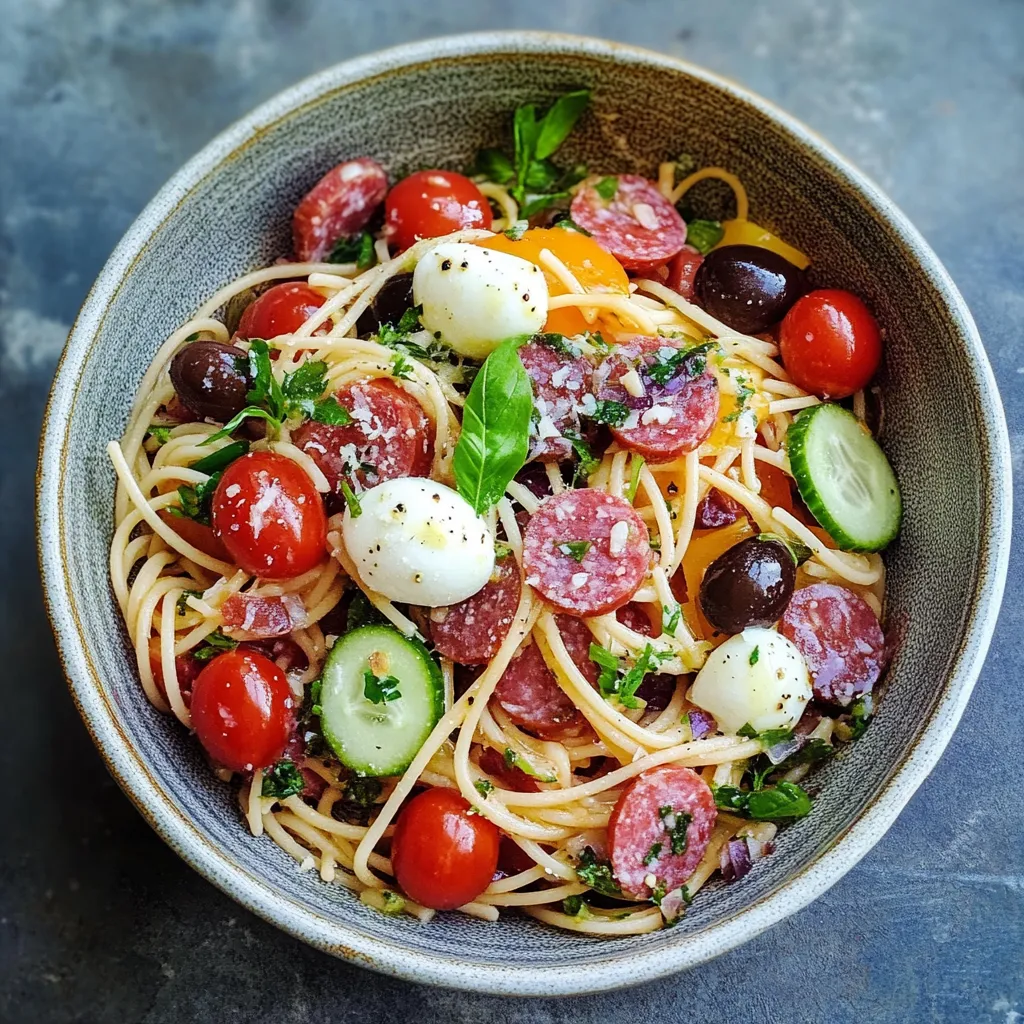 Ein Schüssel mit Pasta, Tomaten, Zwiebeln, Eiern und Salami.