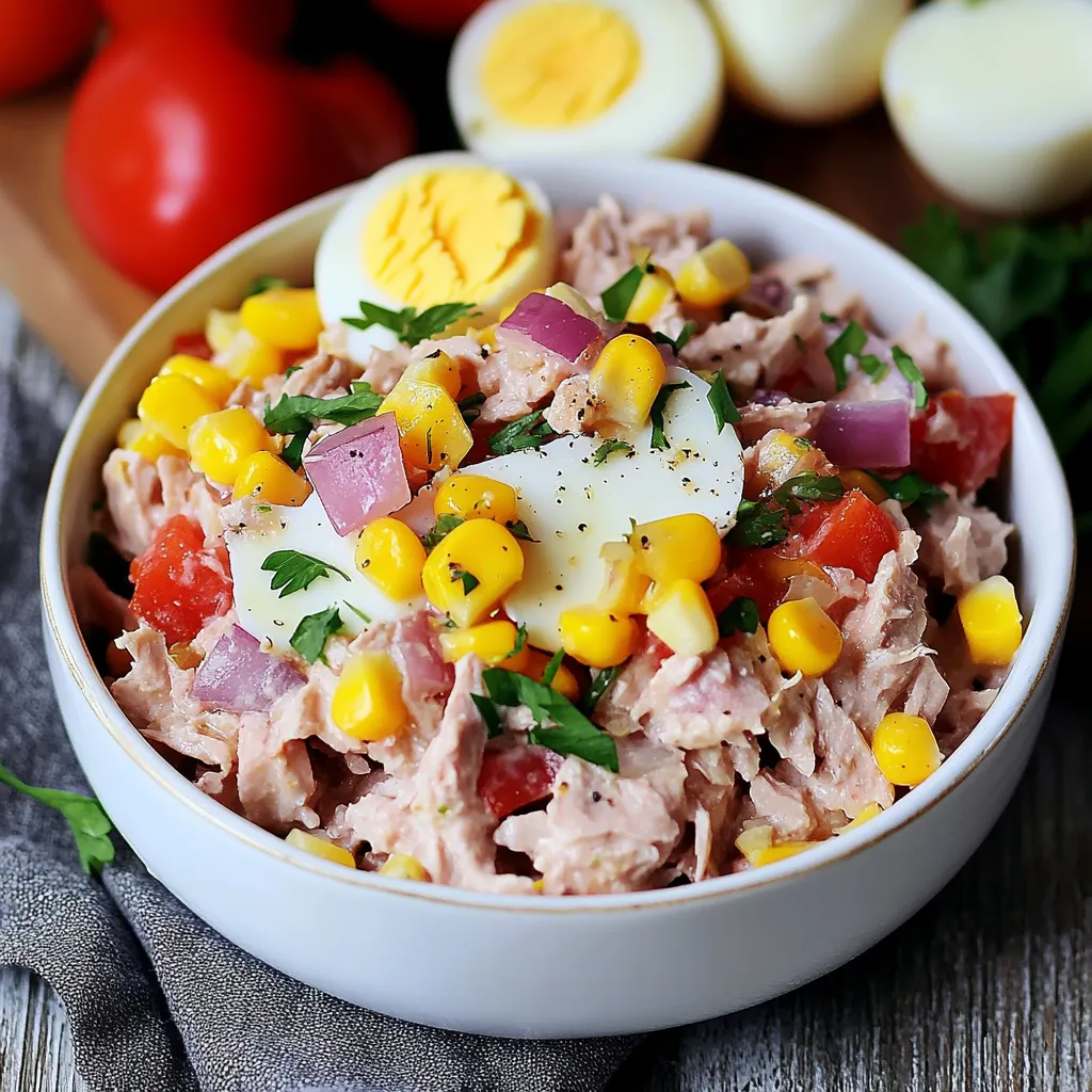 Ein weißer Teller mit einer Mischung aus Kartoffeln, Tomaten, Eiern und Salat.