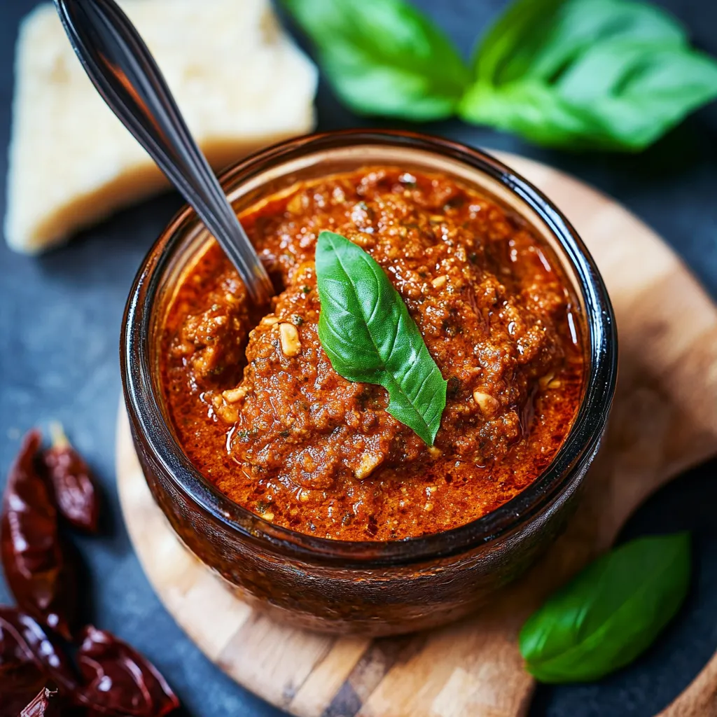 Ein Glas mit einer Sauce, die aus Tomaten, Basilikum und Nüssen hergestellt wurde.