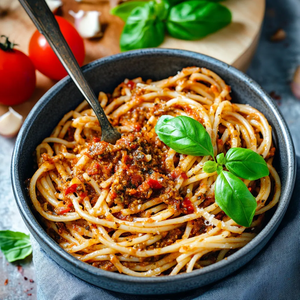Ein Schälchen mit Spaghetti und Basilikum.
