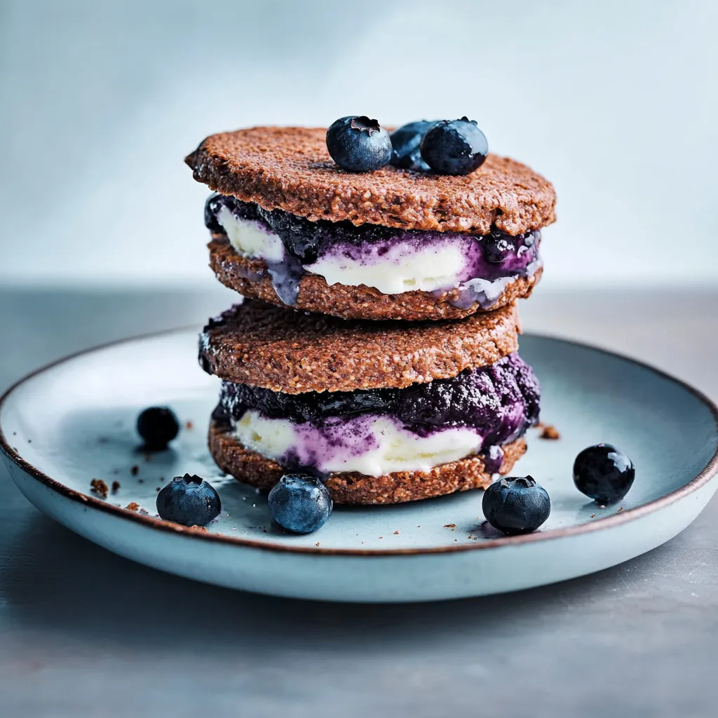 Zwei Sandwiches mit Blaubeeren und Vanilleeis auf einem Teller.