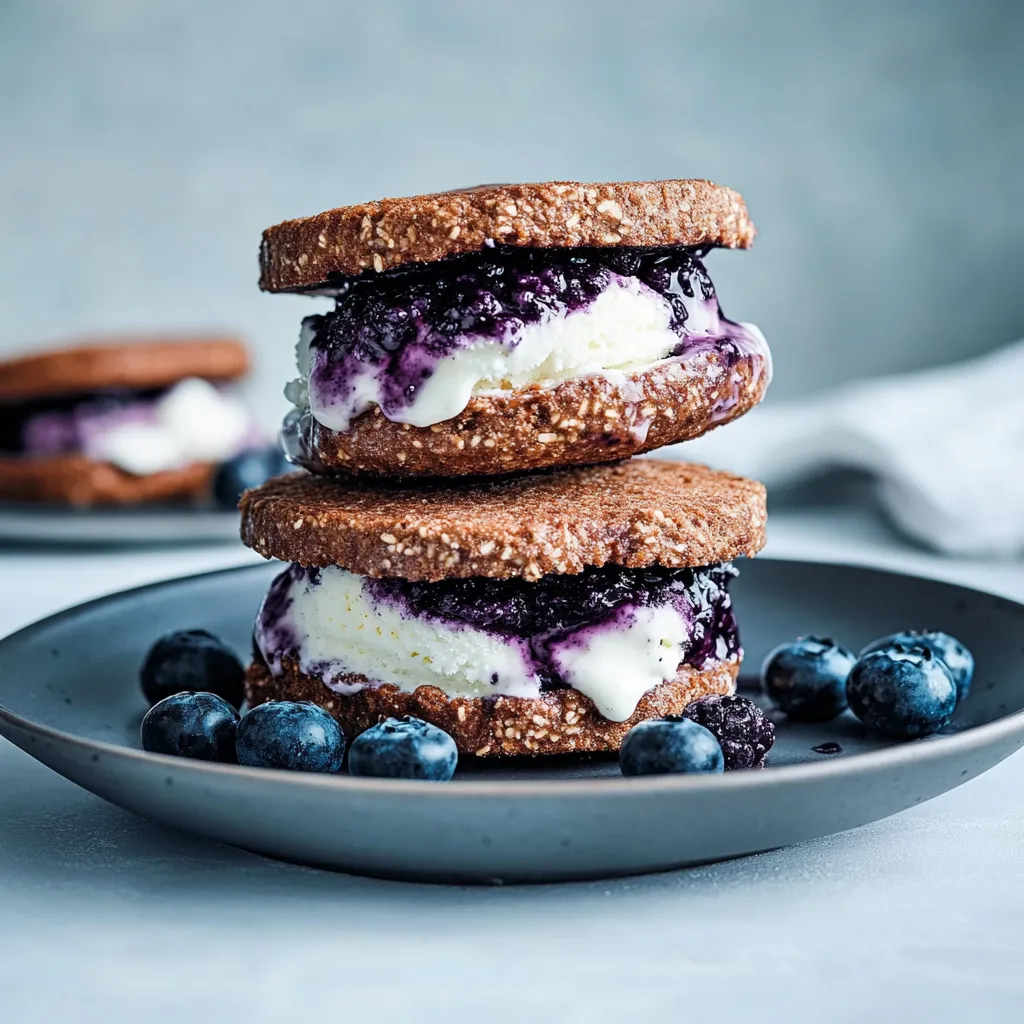 Zwei Sandwiches mit Blaubeeren und Vanilleeis auf einem Teller.