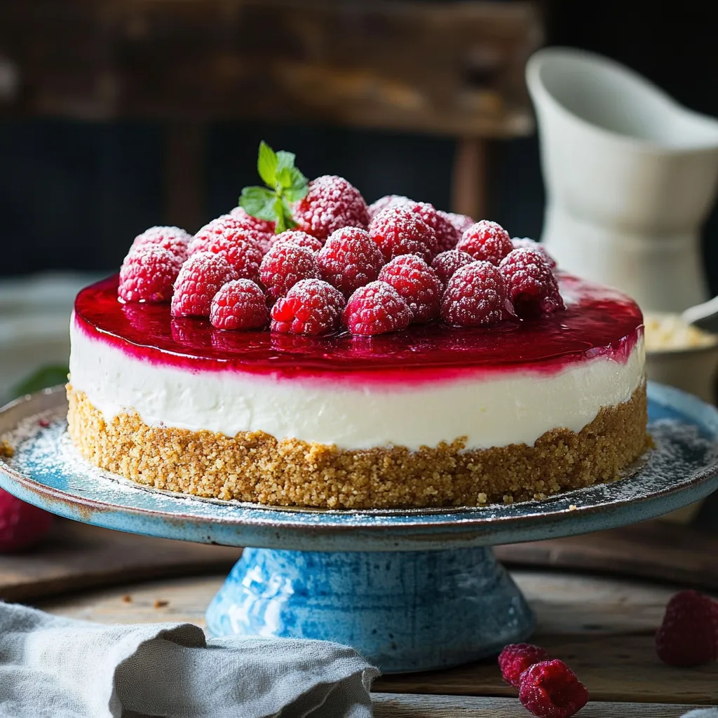 Eine Raspberry-Konfekt-Torte mit einer Schicht von Raspberry-Saft und einer Schicht von Vanille-Eis auf einem blauen Podest.
