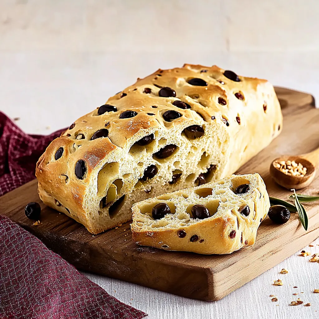Ein Baguette mit Oliven und Gewürzen auf einem Holzbrett.