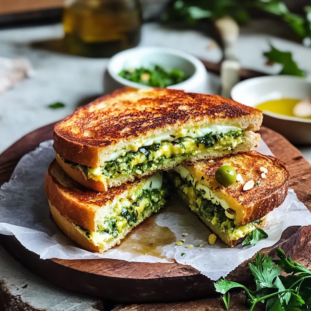 Ein Sandwich mit Eiern und Spinat auf einer Wäsche.