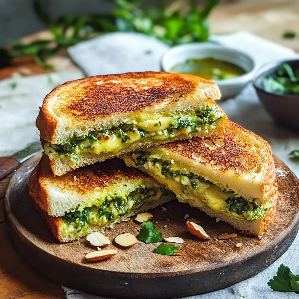 Zwei Toastbrot mit grünem Brot und einer Sauce darauf.